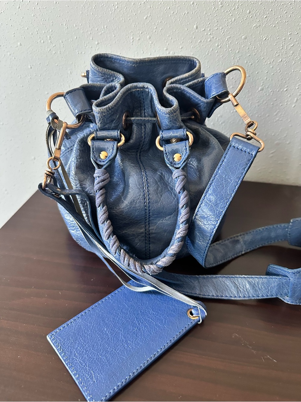 Balenciaga Distressed Blue Leather Drawstring Mini Bucket Bag - Picture 2 of 6